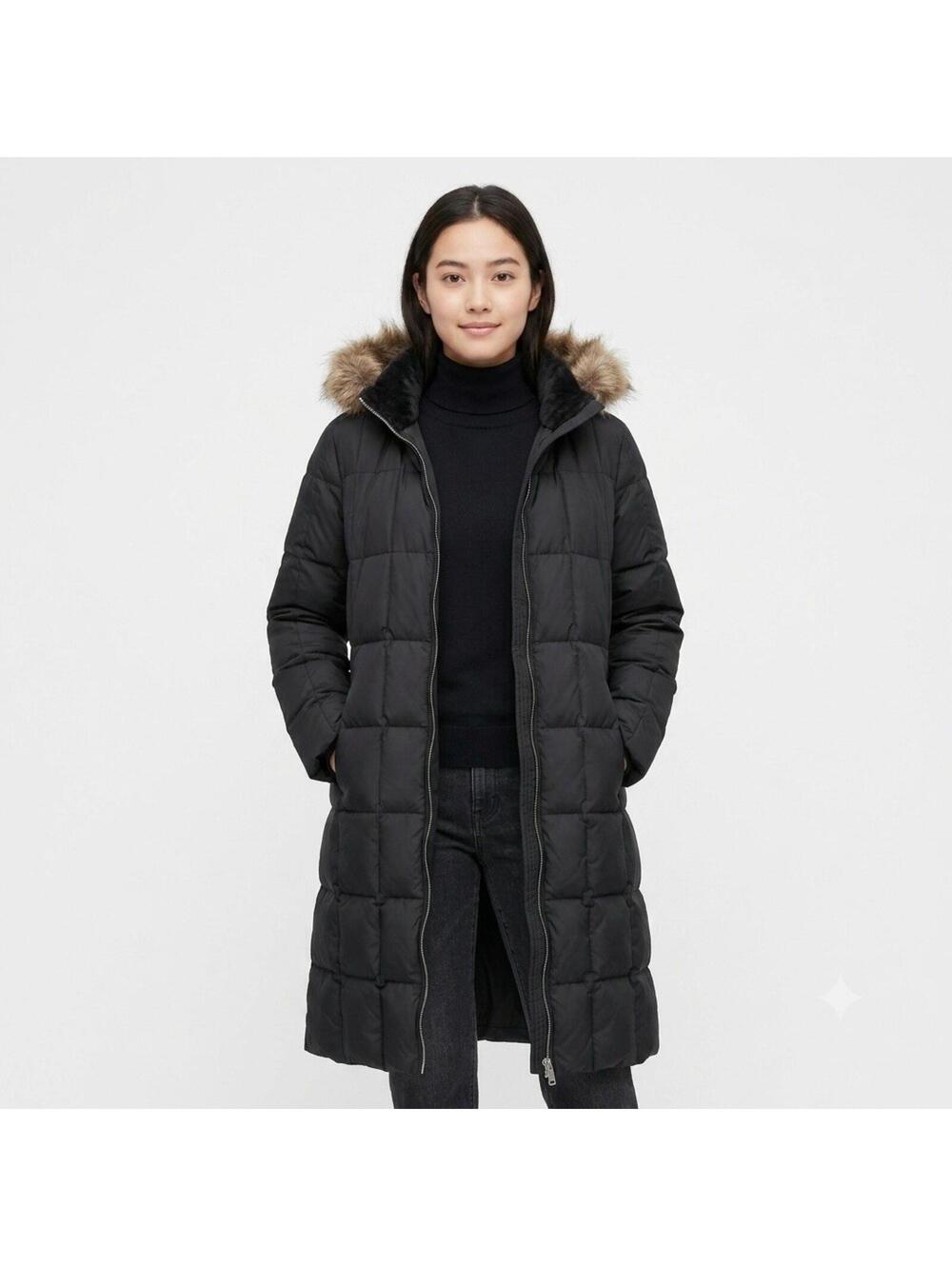 GAP Women’s Long Puffer Jacket Sz XL Black Quilted Down Parka Coat Faux Fur Hood